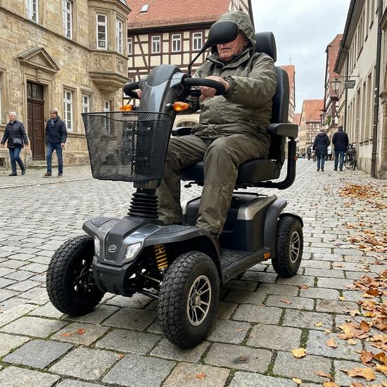 Robustes vierrädriges Elektromobil mit Lenksäule auf einem gepflasterten Gehweg
