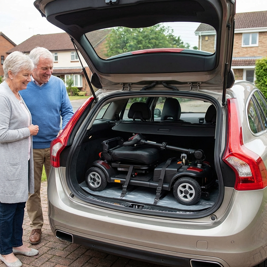 Kompaktes, zerlegbares Seniorenmobil im Kofferraum eines Autos