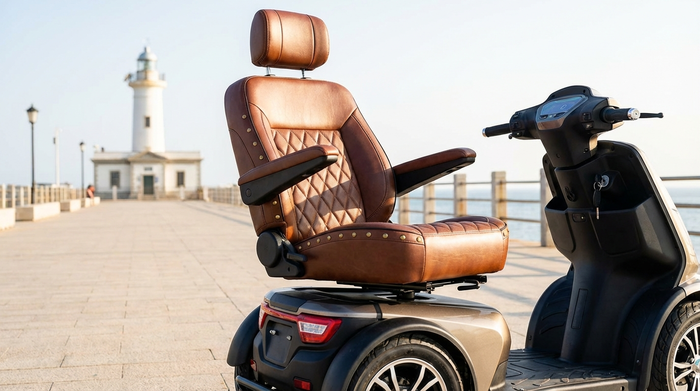 Bequemer Kapitänssitz eines Elektromobils mit hochklappbaren Armlehnen und Kopfstütze