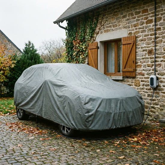 Elektromobil geschützt unter einer wetterfesten Abdeckplane neben einer Hauswand