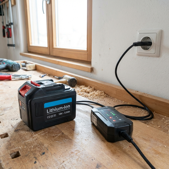 Lithium-Ionen-Akku wird an einer normalen Haushaltssteckdose aufgeladen