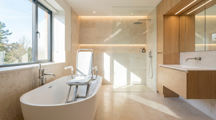 Modernes, helles Badezimmer mit einem ergonomischen Badewannenlift in der Wanne