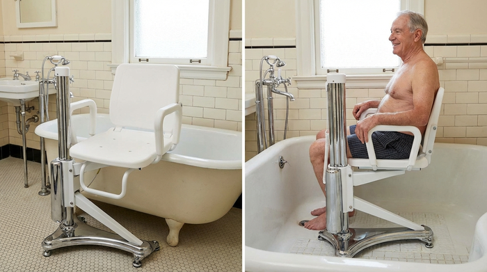 Klassischer Sitzlift mit Rückenlehne sicher am Wannenboden befestigt