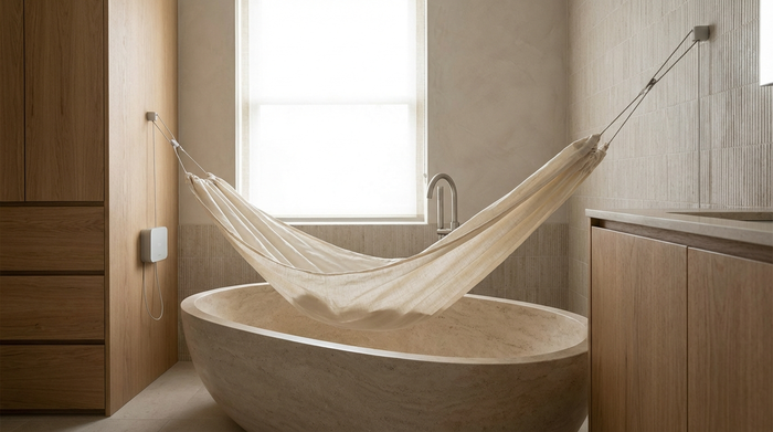 Dezenter Tuchlift über eine Badewanne gespannt