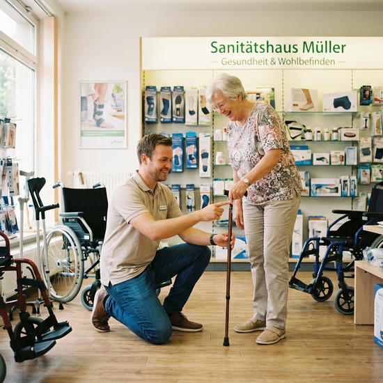 Freundlicher Mitarbeiter im Sanitätshaus berät eine Seniorin
