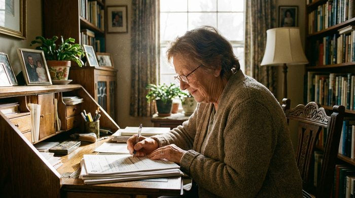 Seniorin sitzt am Schreibtisch und füllt konzentriert Formulare aus