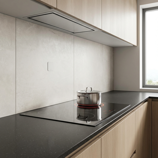 Moderner Elektroherd mit einem unauffälligen Sensor an der Wand darüber