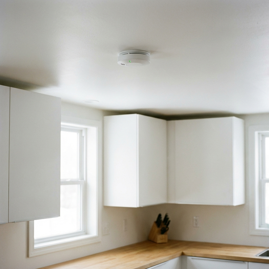 Kompakter weißer Rauchmelder an einer weißen Küchendecke