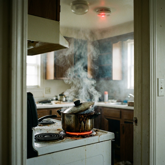 Vergessener Kochtopf auf einer heißen Herdplatte aus sicherer Entfernung