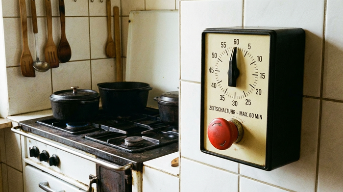 Einfache Zeitschaltuhr mit großem Taster neben einem Herd