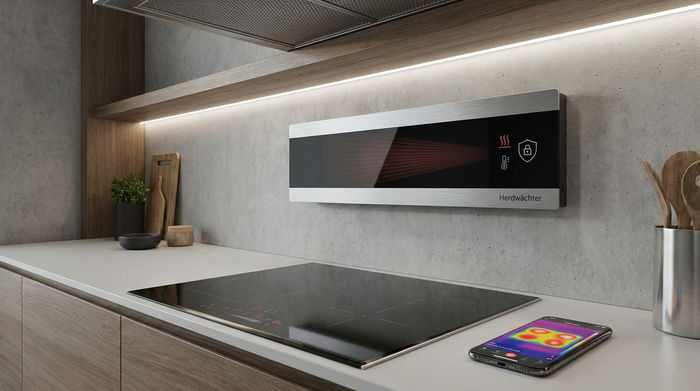 Moderner Herdwächter-Sensor mit Infrarot-Technologie an der Küchenwand