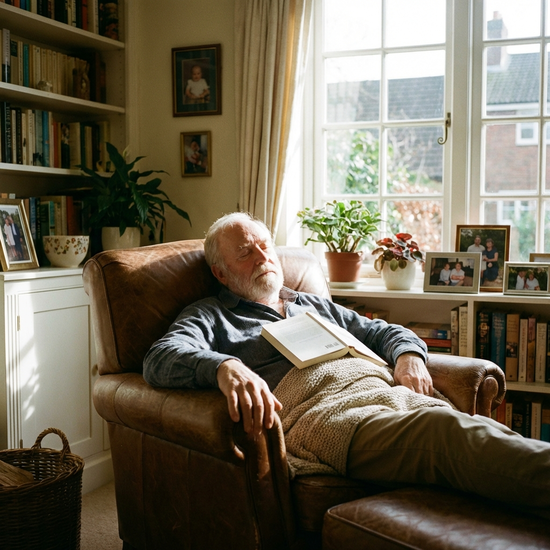 Älterer Herr schläft entspannt in einem Sessel im Wohnzimmer