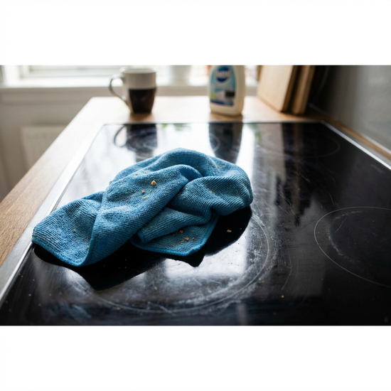 Mikrofasertuch liegt versehentlich auf einem ausgeschalteten Ceranfeld