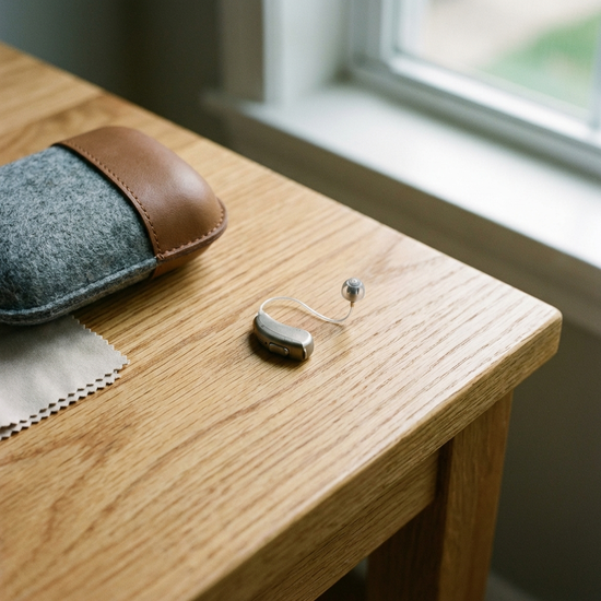 Modernes, unauffälliges Hörgerät liegt auf einem hellen Holztisch