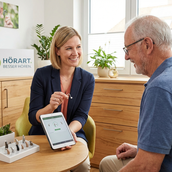 Freundliche Hörakustikerin erklärt einem älteren Herrn ein Hörsystem