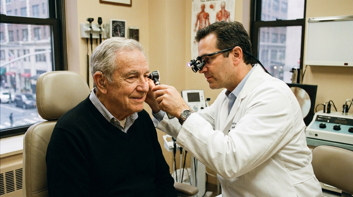 HNO-Arzt untersucht das Ohr eines älteren Patienten mit einem Otoskop