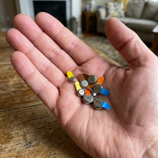 Geöffnete Hand hält winzige Hörgerätebatterien