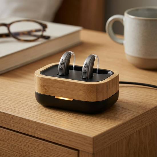 Modernes Hörgerät in einer induktiven Ladeschale