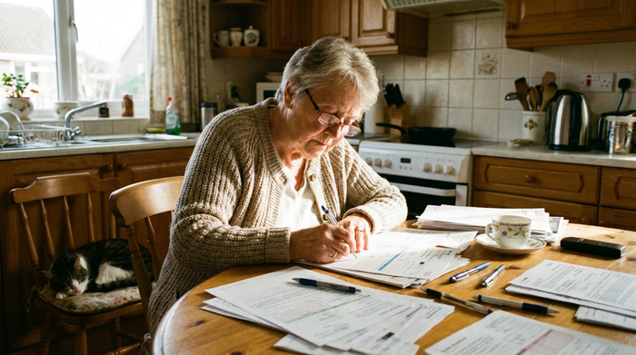 Seniorin füllt konzentriert Dokumente am Küchentisch aus