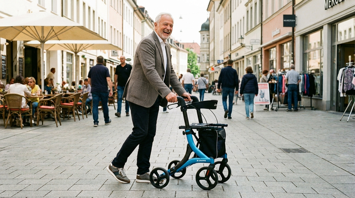 Fröhlicher Senior geht selbstbewusst mit einem modernen Leichtgewichtrollator durch eine Fußgängerzone