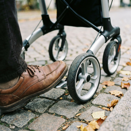 Fußspitze tippt leicht auf die Ankipphilfe am Hinterrad des Rollators