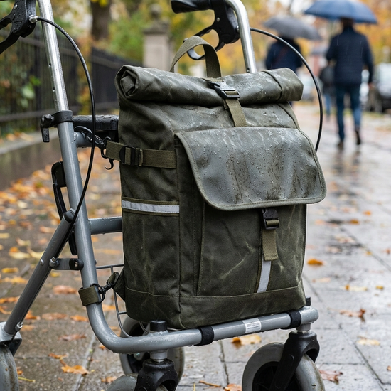Geschlossene, wasserabweisende Einkaufstasche hängt sicher am Rahmen eines Rollators
