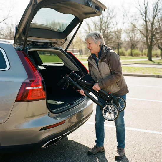 Aktive Seniorin verstaut einen leichten, zusammengeklappten Rollator mühelos im Kofferraum eines Autos