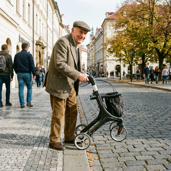 Älterer Herr hebt seinen leichten Rollator ohne Anstrengung über eine niedrige Bordsteinkante