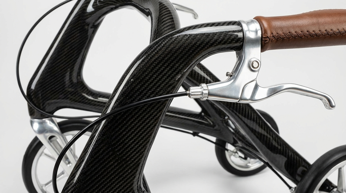 Nahaufnahme eines edlen Carbon-Rollators mit innenliegenden Bremszügen