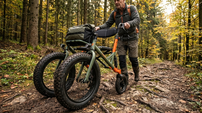 Sportlicher Rollator mit extra großen Vorderrädern auf einem unbefestigten Waldweg