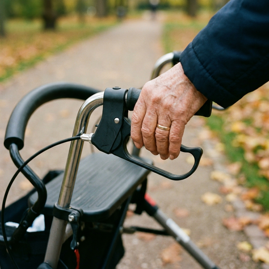 Nahaufnahme einer Hand, die den Bremshebel eines Rollators sanft nach unten drückt