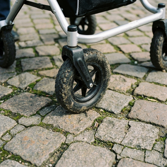 Detailaufnahme von dicken, stoßdämpfenden PU-Reifen an einem Rollator auf Kopfsteinpflaster