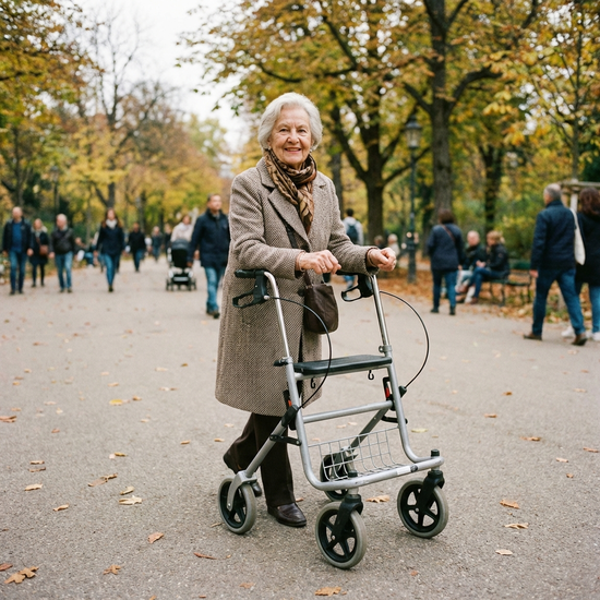 Seniorin geht aufrecht gestützt im Rollator, die Handgelenke exakt auf Höhe der Griffe
