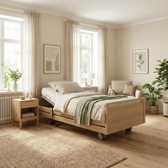 Modernes Pflegebett mit Holzdekor in einem hellen, freundlichen Schlafzimmer