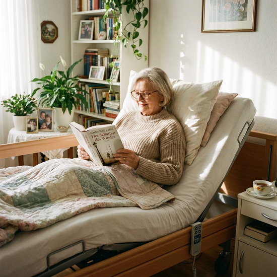 Seniorin sitzt entspannt in einem elektrisch aufgerichteten Pflegebett und liest ein Buch