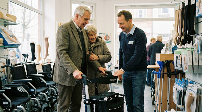 Mitarbeiter eines Sanitätshauses berät ein älteres Ehepaar