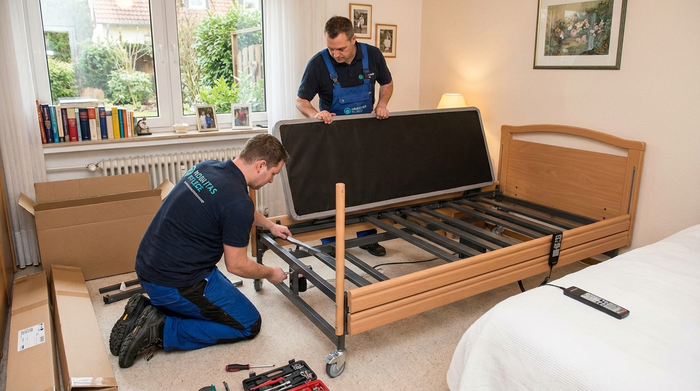Zwei Techniker bauen ein neues Pflegebett im Schlafzimmer auf