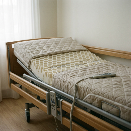 Detailaufnahme einer hochwertigen Anti-Dekubitus-Matratze auf einem Pflegebett