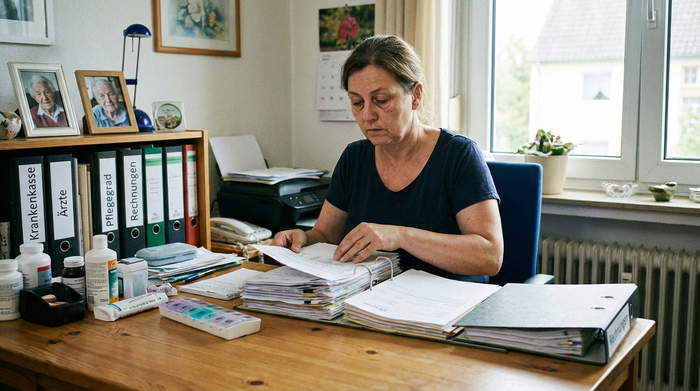 Pflegende Angehörige sortiert Dokumente und Ordner am Schreibtisch