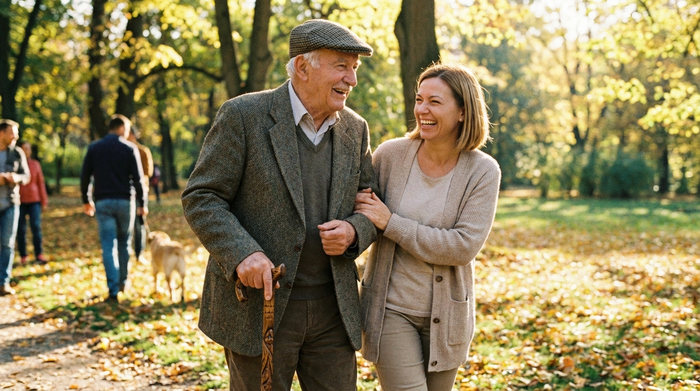 Älterer Herr mit Gehstock und Pflegerin spazieren entspannt durch einen sonnigen Park