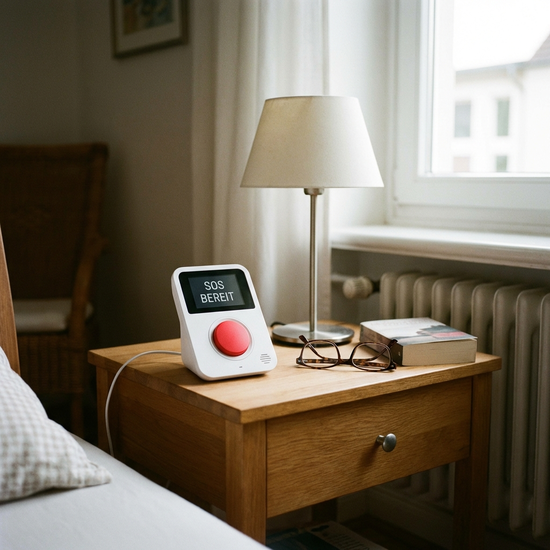 Hausnotruf-Basisstation steht griffbereit auf einem Nachttisch