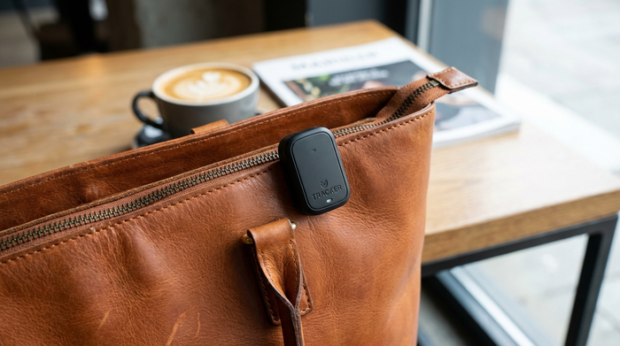 Kleiner schwarzer GPS-Clip an einer Handtasche befestigt