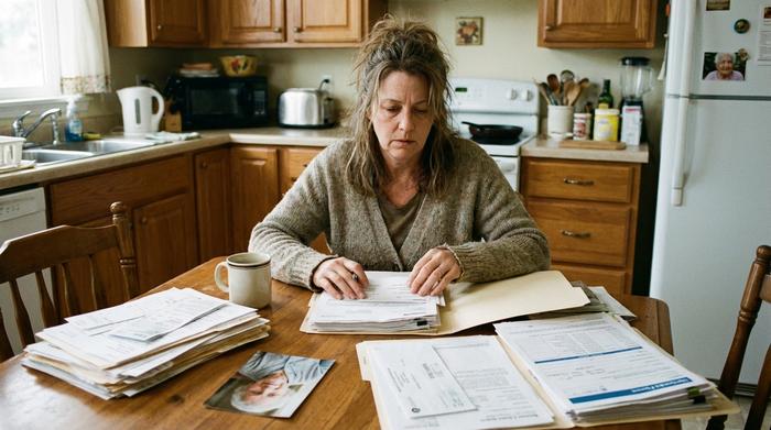 Pflegende Angehörige sitzt am Küchentisch und ordnet Dokumente