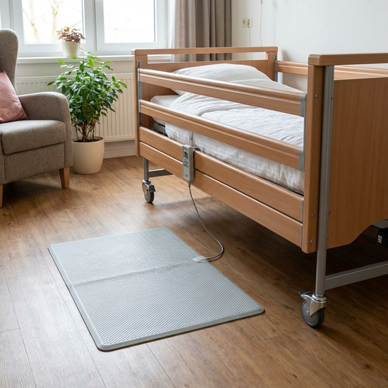 Unauffällige Sensormatte liegt auf dem Boden neben einem Pflegebett