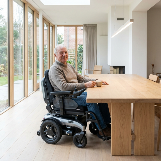 Älterer Herr sitzt entspannt in einem modernen Elektrorollstuhl an einem hellen Holzesstisch