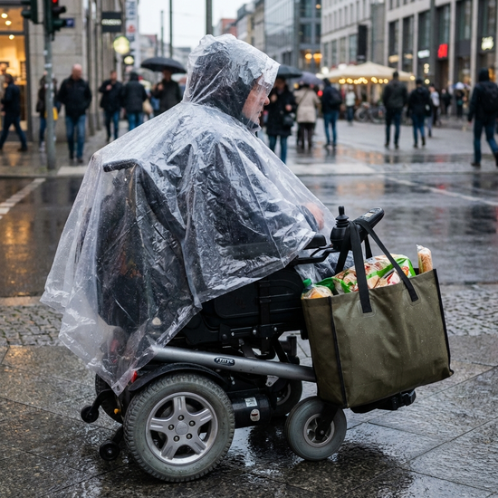 Elektrorollstuhl mit einem transparenten Regencape und einer befestigten Einkaufstasche