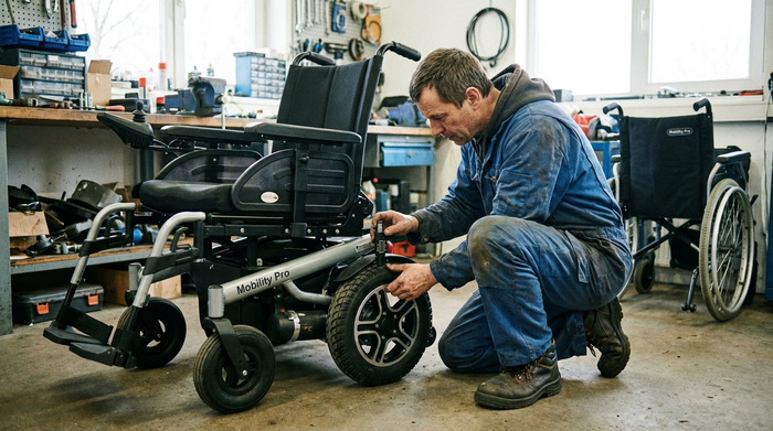 Fachmann in Arbeitskleidung prüft mit einem Werkzeug die Reifen eines Elektrorollstuhls