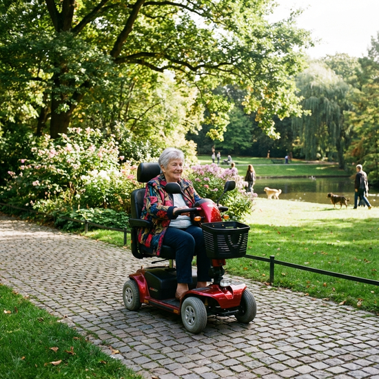 Seniorin fährt mit einem Elektromobil auf einem gepflasterten Weg durch einen grünen Park