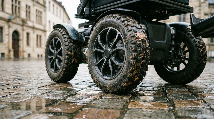 Nahaufnahme der großen, profilierten Antriebsräder eines modernen Elektrorollstuhls auf Kopfsteinpflaster