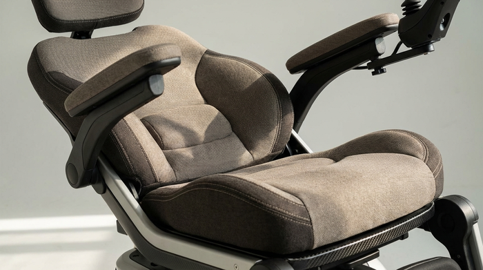 Detailansicht eines weich gepolsterten, ergonomisch geformten Sitzes eines Elektrorollstuhls